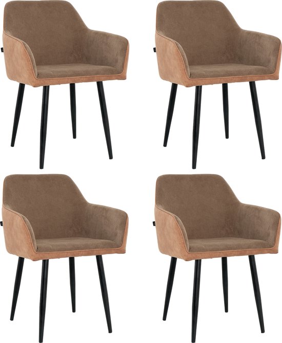 Set van vier bruine eetkamerstoelen met ribstof zitting en suède zijkanten, op zwarte metalen poten.
