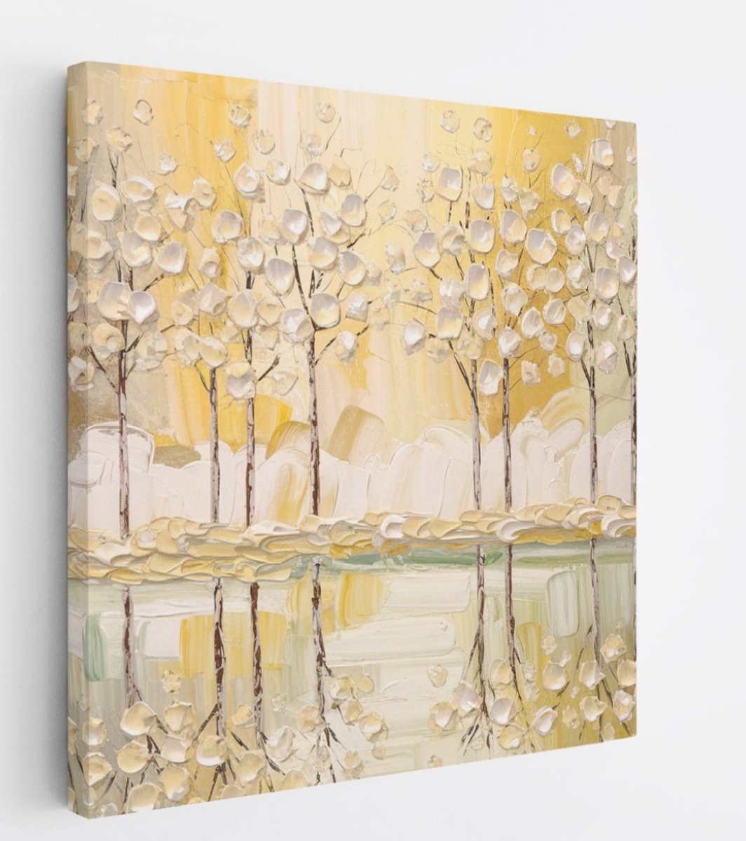 Saammp Canvas Schilderij - Abstract bos - Goud - Wit - Landschap - Natuur - 30x30 - Foto op canvas - Wanddecoratie - Muurdecoratie Woonkamer - Slaapkamer decoratie - Canvas Print Multicolor