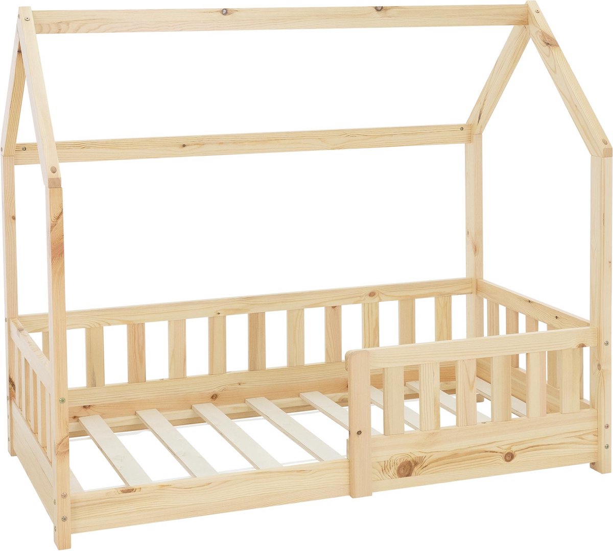 ml-design ML Design kinderbed series kinderbed 70x140 cm met valbeveiliging dak en lattenbodem naturel massief houten huisbed voor meisjes en jongens stabiel duurzaam jeugdbed van massief grenen hout multifunctioneel speelbed junior vloerbed huis design