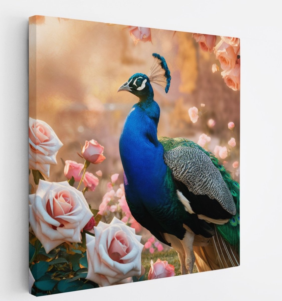 Saammp Canvas Schilderij - Pauw bij roze Rozen - Dieren - Bloemen - 60x60 - Foto op canvas - Wanddecoratie - muurdecoratie Woonkamer - Slaapkamer decoratie - Canvas Print Multicolor