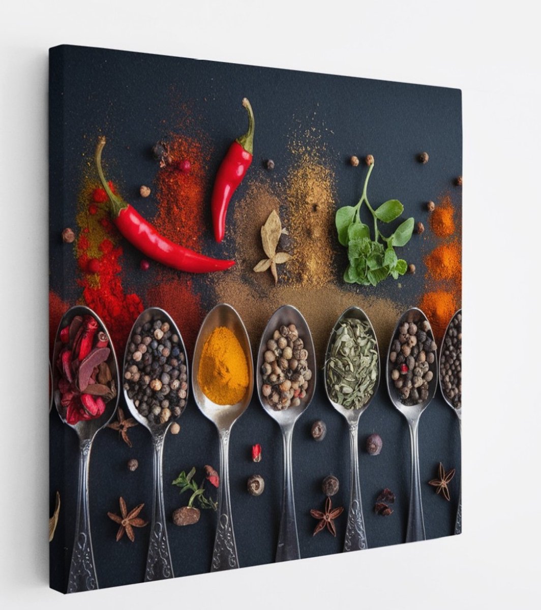 Saammp Canvas Schilderij - Lepels met specerijen - 40x40 - Foto op canvas - Wanddecoratie - Muurdecoratie keuken - Slaapkamer decoratie - Canvas Print Multicolor