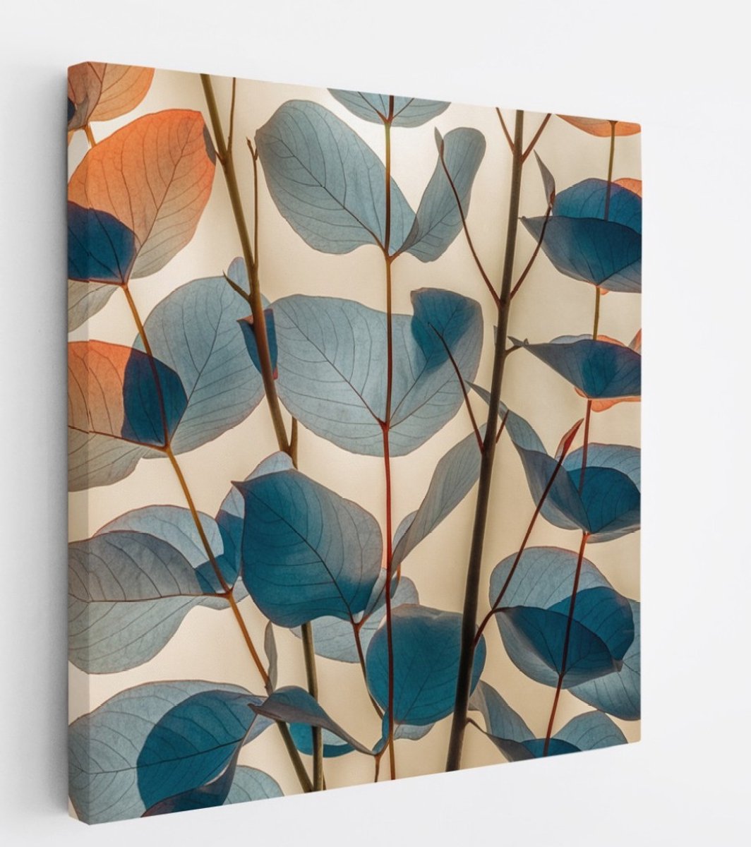 Saammp Canvas Schilderij - Eucalyptus bladeren in warme tinten - Natuur - Bloemen - 100x100 - Foto op canvas - Wanddecoratie - Muurdecoratie Woonkamer - Kantoor Decoratie Multicolor