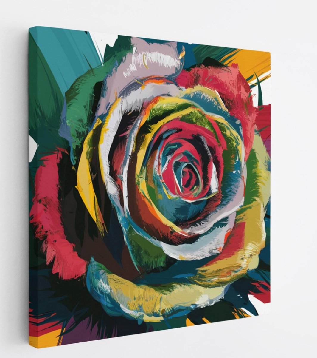 Saammp Canvas Schilderij - Kleurrijke Roos Abstract Kunst - Natuur - 100x100 - Foto op canvas - Wanddecoratie - Muurdecoratie Woonkamer - Kantoor Decoratie Multicolor