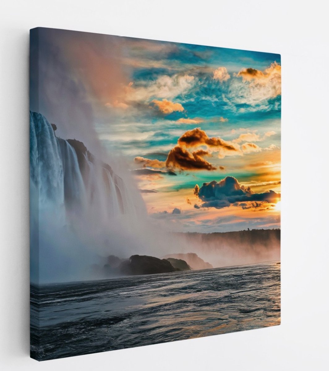 Saammp Canvas Schilderij - Waterval met zonsondergang - Landschap - Natuur - 100x100 - Foto op canvas - Wanddecoratie - Muurdecoratie Woonkamer - Slaapkamer decoratie - Canvas Print Multicolor