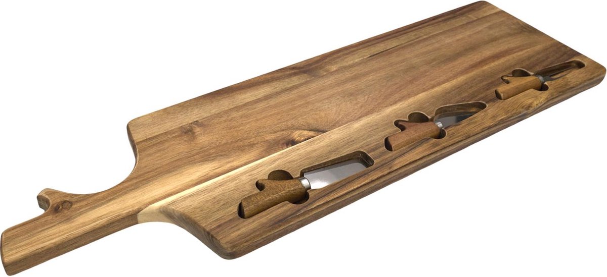 Acaciahouten Kaasplank Met Handvat – Inclusief 3 Kaasmessen – Luxe Serveerset Voor Kaas en Hapjes - Bruin