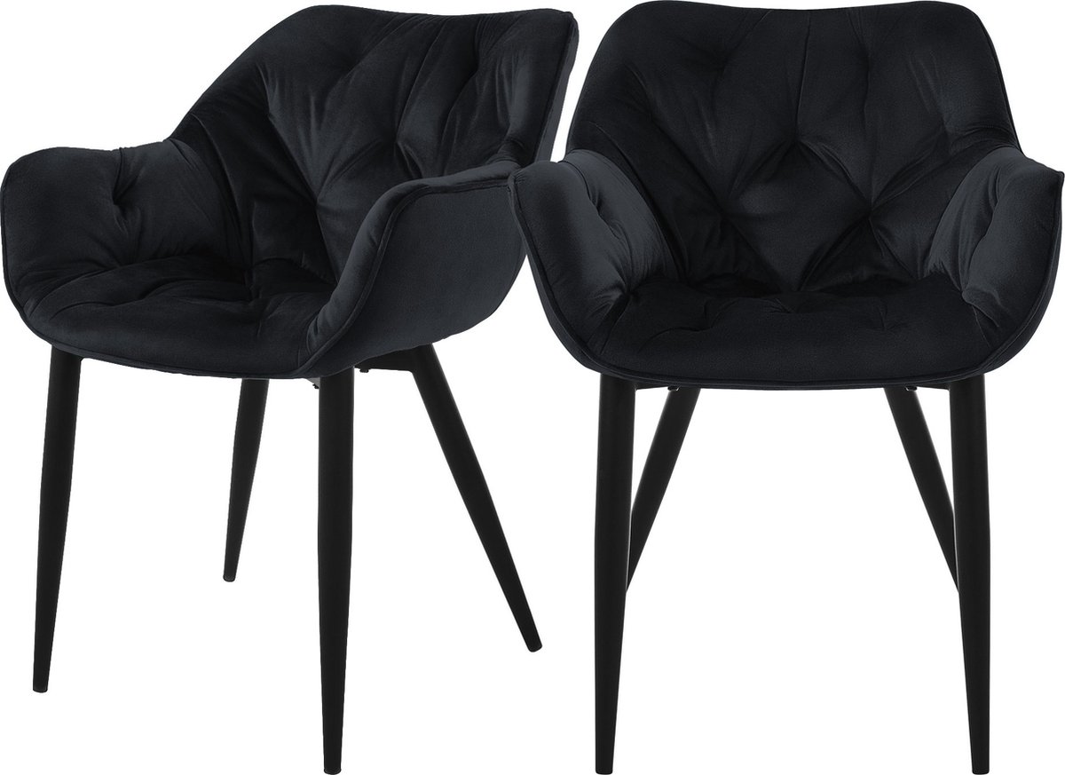 ml-design Eetkamerstoelen set van 2 zwart, keukenstoel met dik fluweel gestoffeerde zitting, metalen poten, woonkamerstoel met rugleuning en armleuningen, gewatteerde gestoffeerde stoel