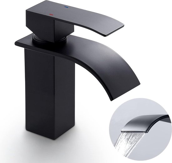 CECIPA MAX Wastafelkraan Zwart - Badkamerkraan - Mengkraan Wastafel Kraan - Watervalkraan - Warm en Koud - Opbouw - badkamer kraan - Waterbesparend - Zwart