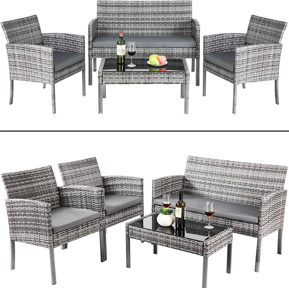 Tuinset met lounge stoelen en salon tafel, inclusief kussens.