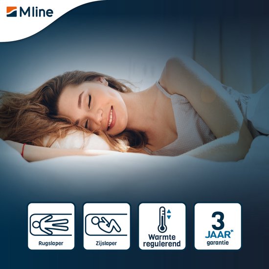 Slapende vrouw op bed, met icoontjes voor rugslaper, zijslaper, warmteregulatie en 3 jaar garantie.