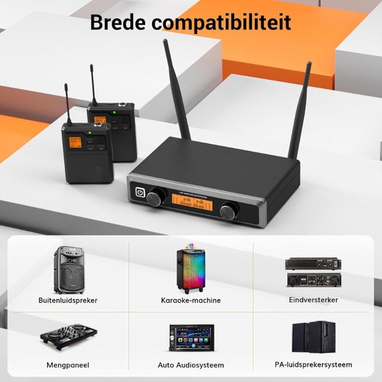 UHF draadloos microfoonsysteem met ontvanger en bodypacks, compatibel met luidsprekers, karaoke, versterkers.