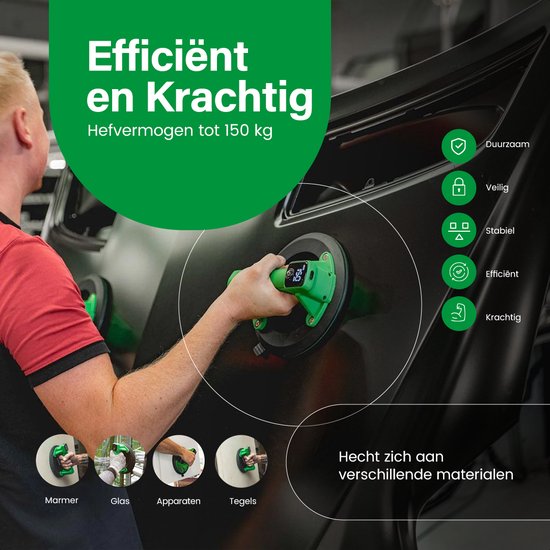 Man gebruikt de groene zuignap op een zwart oppervlak, met iconen voor toepassingen zoals marmer en glas.
