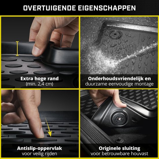 Vier details van Walser autovloermatten: hoge rand, onderhoudsvriendelijk, antislip oppervlak, originele sluiting.