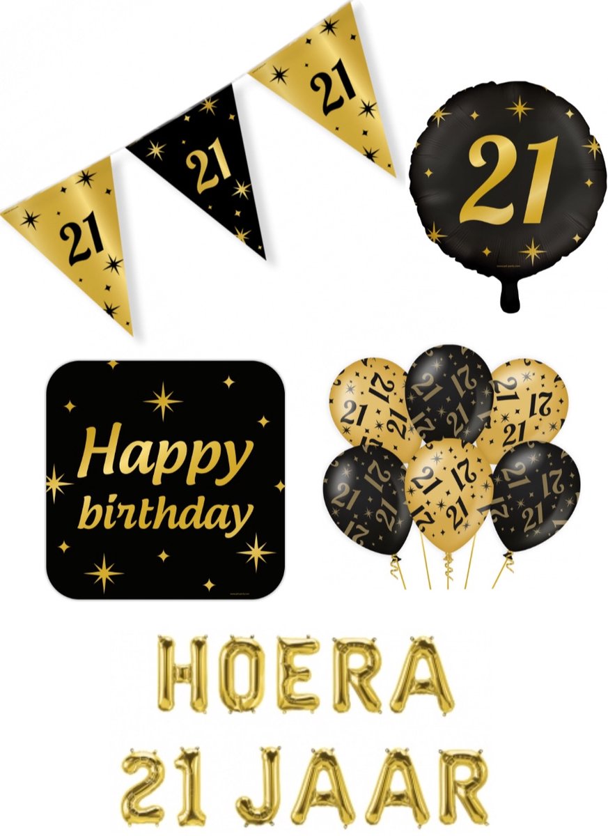 21 jaar Classy Party decoration pakket – luxe glamour goud zwart ballonnen – folieballonnen – vlaggenlijn