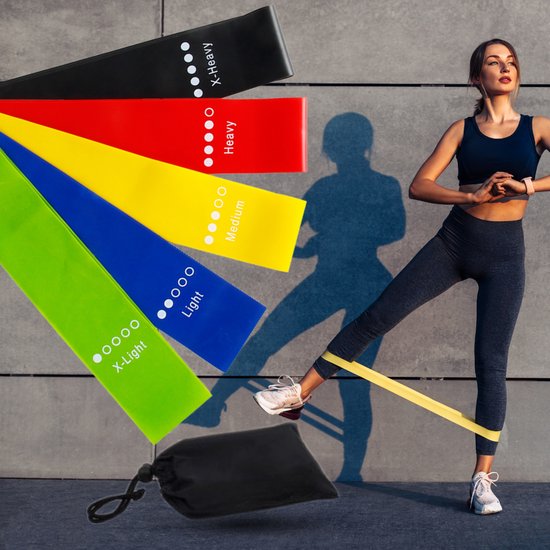 Fitness Elastiek - Booty Band - Resistance Band - Fitness Elastiek – booty builder - mini bands - klein - Fysio - elastiek - Gratis Draagtas – set van 5