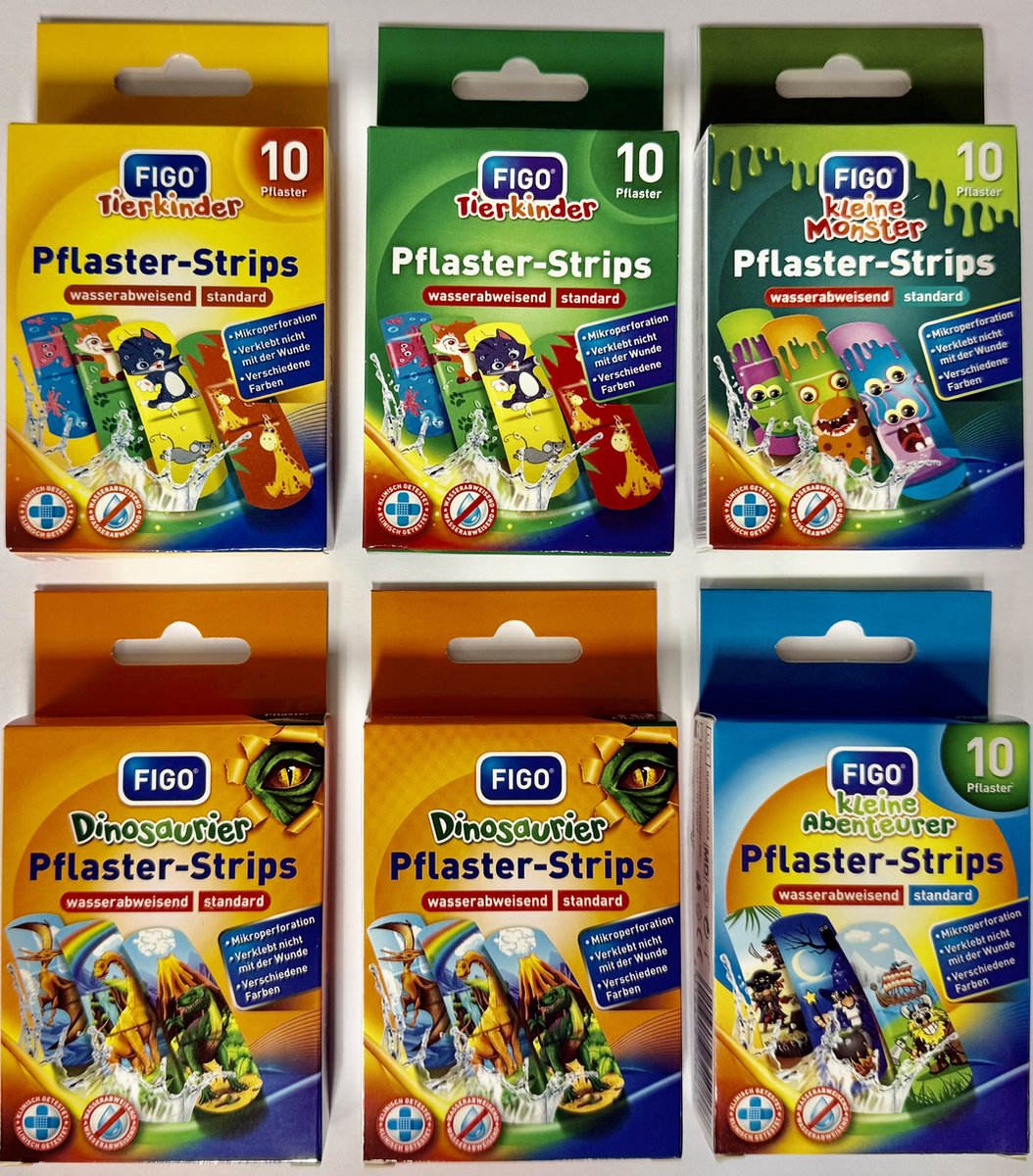 Goedkoopste Figo® | 6 x 10 diverse kinderpleisters | Dinosaurus, Dieren, Avonturen, kleine monsters | diverse kleuren en prints | waterbestendig