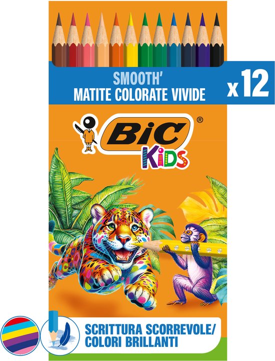Verpakking van BIC Kids kleurpotloden met een kleurrijke jaguar en aap. Tekst: 'MATITE COLORATE VIVIDE'.
