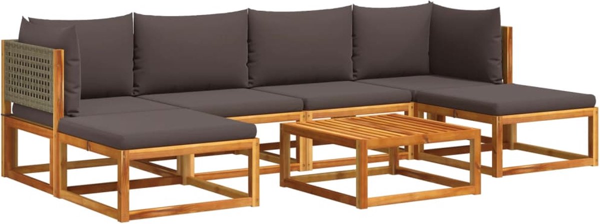 The Living Store 7-delige Tuinbankstel met kussens massief acaciahout - Tuinmeubels - Lounge Set - Acacia Hout - Pe Rattan - Outdoor Furniture