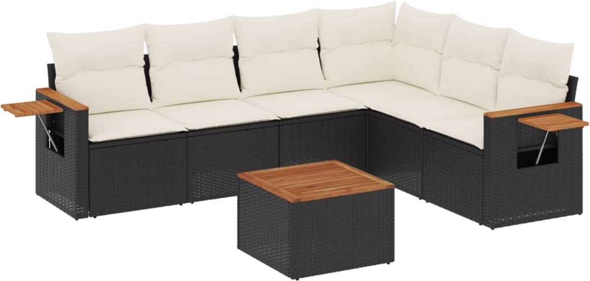 Zwart poly rattan loungeset met kussens voor tuindecoratie.