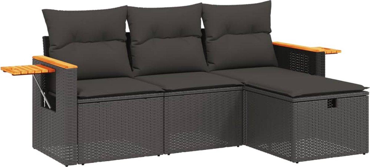 The Living Store 4-delige Loungeset met kussens poly rattan zwart - Loungeset - Tuinset - PE-rattan - Tuinmeubels - Zwarte Lounge Set