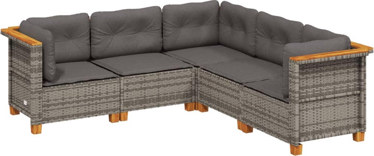 The Living Store 5-delige Loungeset met kussens poly rattan grijs - Loungeset - Tuinset - Buitenmeubels - Lounge Set - Pe Rattan