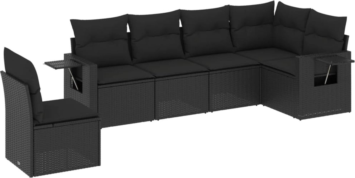 The Living Store 6-delige Loungeset met kussens poly rattan zwart - Loungeset - Tuinset - Buitendecoratie - Lounge Set - Tuinbank