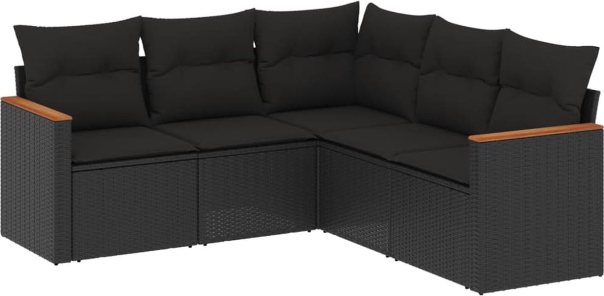 Zwarte poly rattan loungeset met kussens voor buiten - Tuinmeubilair.