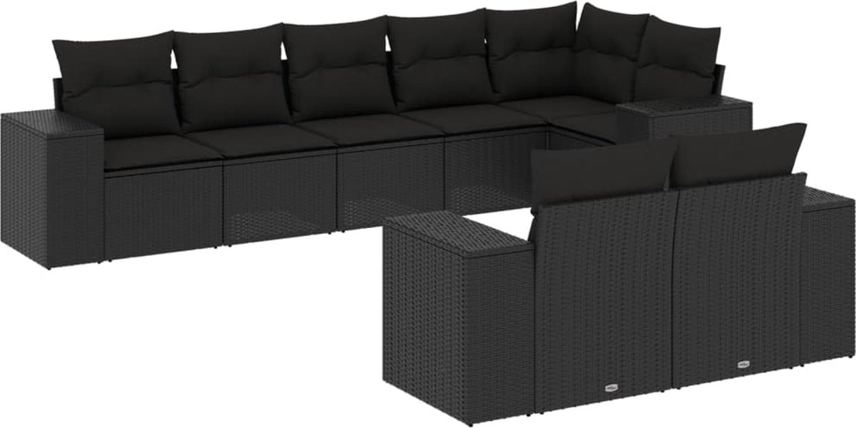 The Living Store 8-delige Loungeset met kussens poly rattan zwart - Tuinlounge - Lounge Set - Buitendiner - Tuinset - Loungebank