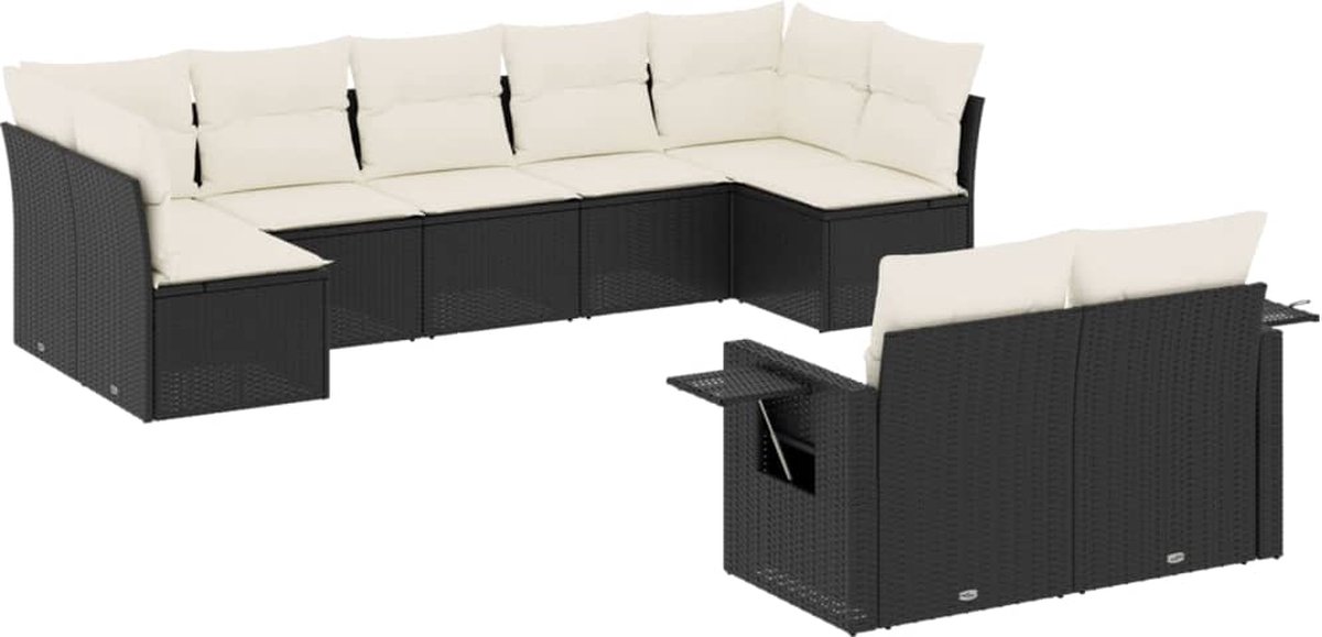 Poly rattan loungeset in zwart met kussens voor tuin- en outdoor gebruik.