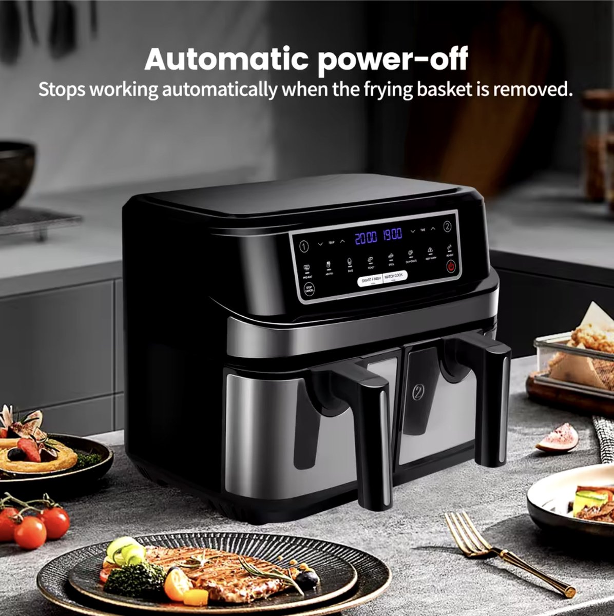 Afbeelding 3 van Airfryer - Dubbele Airfryer - Grote airfryer - Hetelucht oven - Heteluchtfriteuse - XL Airfryer - 9L - 2 Laden - Zwart
