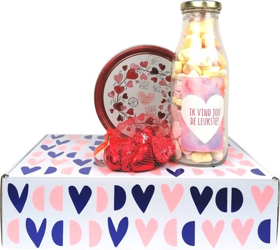 Valentijn cadeaupakket - "Ik vind jou de leukste" - snoephartjes - chocoladehartjes - Valentijn koekblik - Valentijn box in hartjes dessin