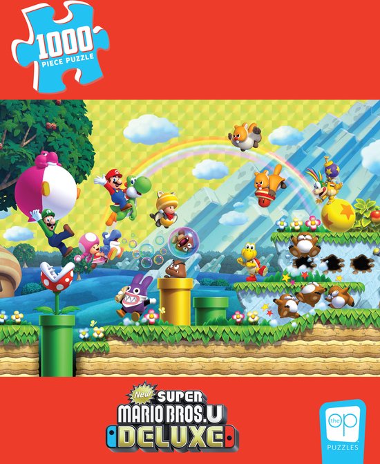 Een 1000-delige Super Mario Bros. U Deluxe puzzel, deels gelegd, met Mario, Yoshi, Toad en anderen in een levendige, groene wereld met buizen en paddestoelen.