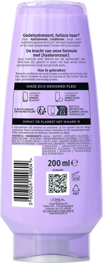 Arrière d'une bouteille d'après-shampooing L'Oréal Elvive Hydra Hyaluronic avec ingrédients et informations de recyclage.