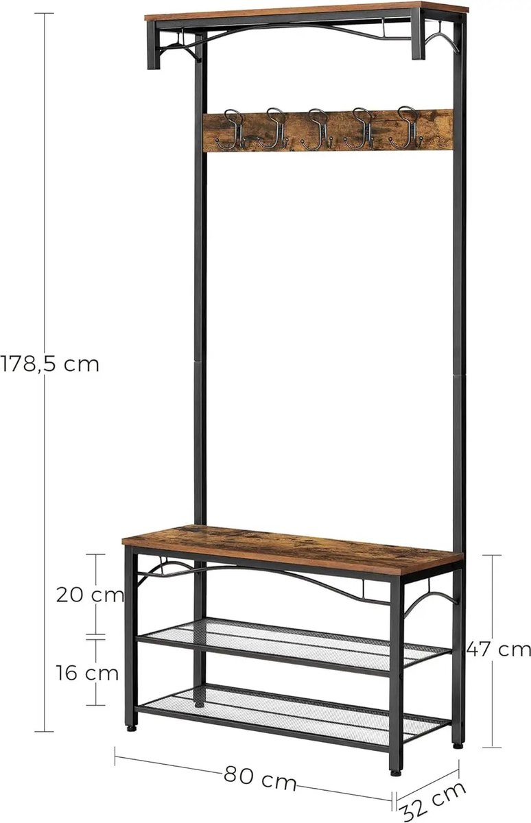 Vasagle Kapstok met schoenenrek - kapstok met bank - kledingrek - schoenenrek - 9 haken - bovenste plank - voor hal - slaapkamer - industrieel design - vintage bruin – foto 3