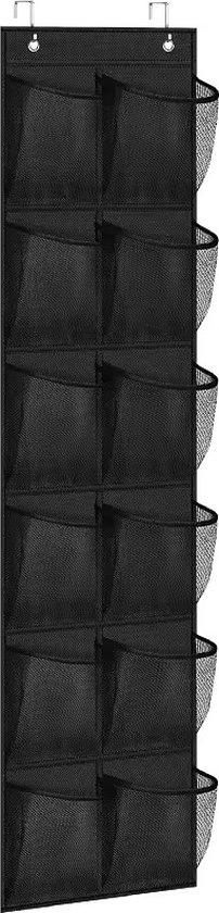 Zwarte hangende schoenen organizer met 12 mesh vakken, bevestigd aan een deur of muur.