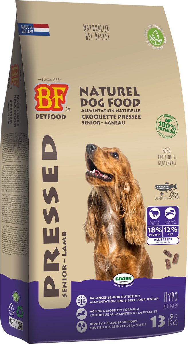 Geperst Hondenvoer BF Petfood - Senior Lam 13.5kg - Glutenvrij, met Zalmolie en Cranberry