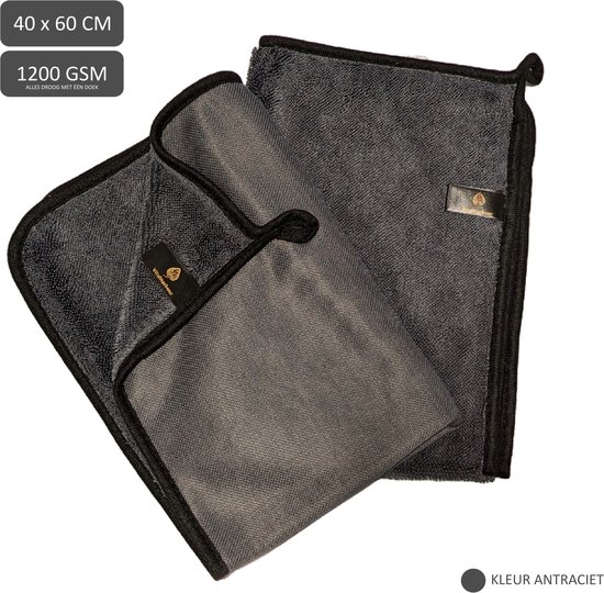 Chiffon en microfibre anthracite de 40 x 60 cm avec passepoil noir et logo.