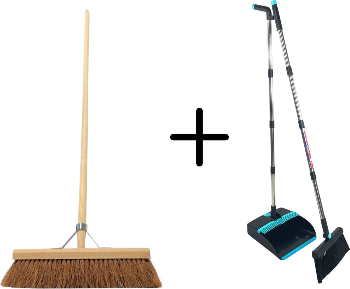 Synx Tools Coco binnenBezem 40 cm & Synx Tools Stoffer en Blik set van 2 - Zachte binnen bezem Met steel 160cm - stoffer en blik Verstelbaar steel tot 121 cm - kokos