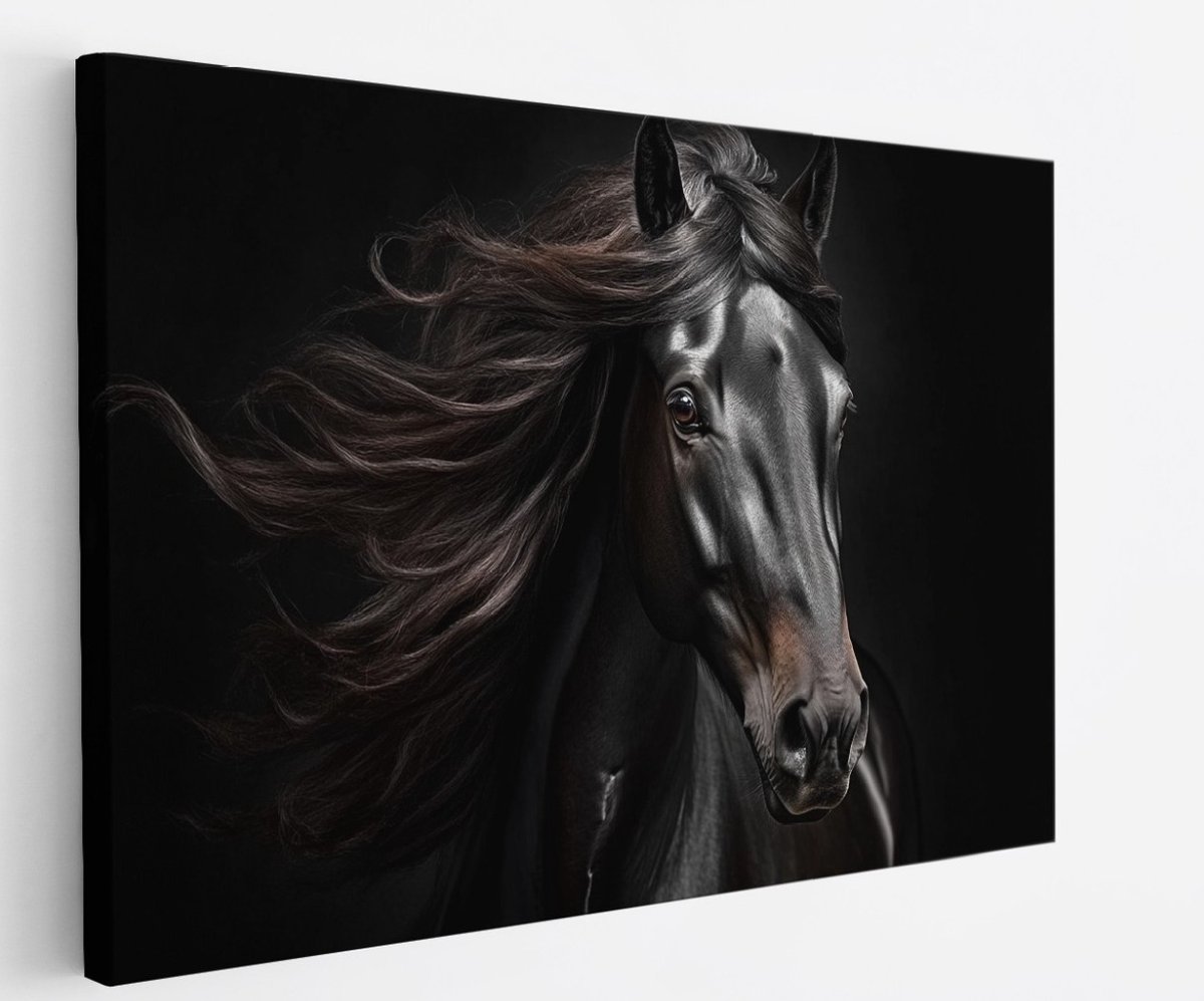 Saammp Canvas Schilderij - Paard - Portret - Zwart - Kunst - Dieren - Natuur - 40x30 - Foto op canvas - Wanddecoratie - muurdecoratie Woonkamer - Slaapkamer decoratie - Canvas Print Multicolor