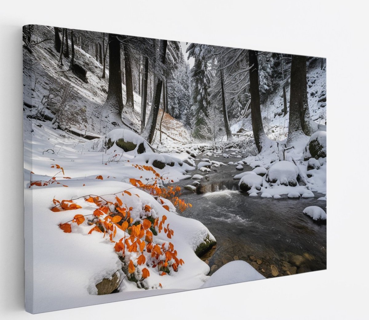 Saammp Canvas Schilderij - Beekje in de winter - Bloemen - Landschap - Natuur - 100x75 - Foto op canvas - Wanddecoratie - Muurdecoratie Woonkamer - Slaapkamer decoratie - Canvas Print Multicolor