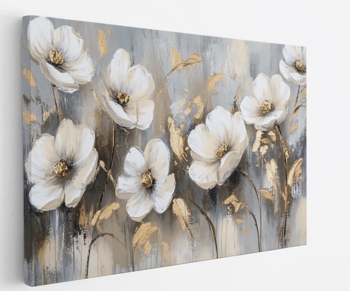 Saammp Canvas Schilderij - Wit gekleurd Bloemenveld - Natuur - Abstract - Goud - 120x80 - Foto op canvas - Wanddecoratie - Muurdecoratie Woonkamer - Kantoor Decoratie Multicolor