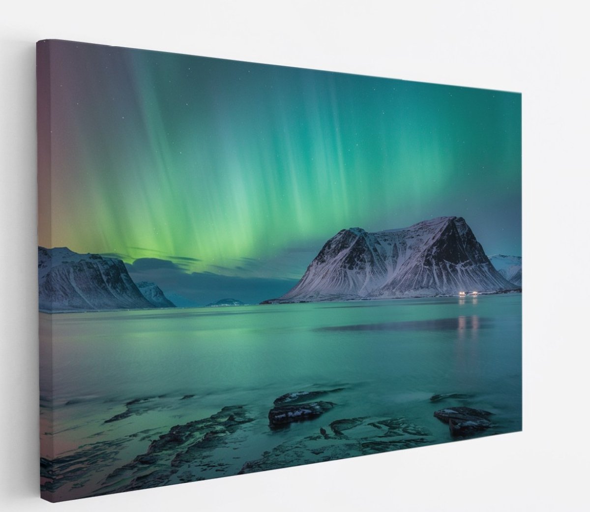 Saammp Canvas Schilderij - Noorderlicht - Bergen - Landschap - Natuur - 40x30 - Foto op canvas - Wanddecoratie - Muurdecoratie Woonkamer - Slaapkamer decoratie - Canvas Print Multicolor