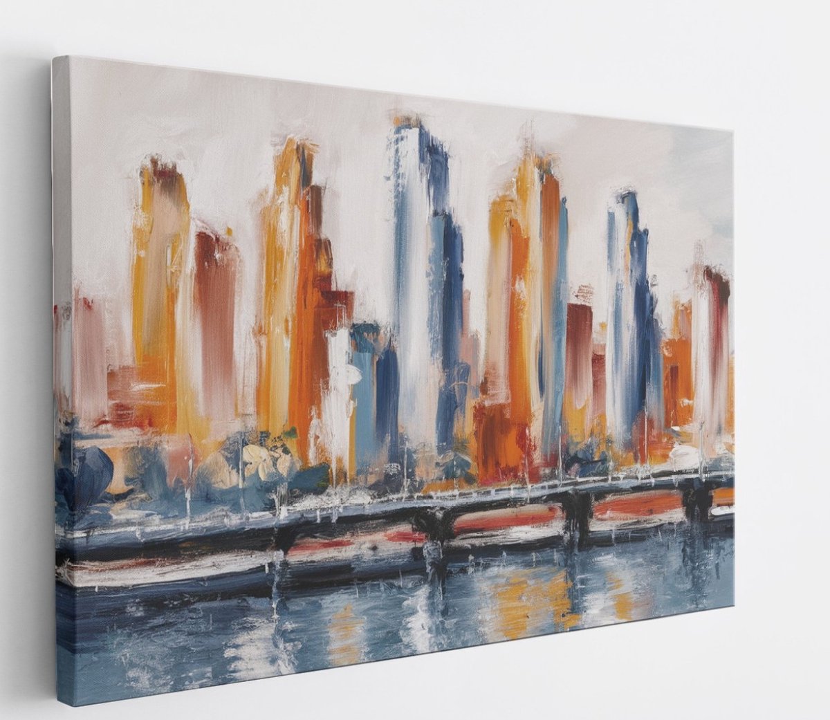 Saammp Canvas Schilderij - Stad met brug - Abstract - 50x40 - Foto op canvas - Wanddecoratie - Muurdecoratie Woonkamer - Slaapkamer decoratie - Canvas Print Multicolor