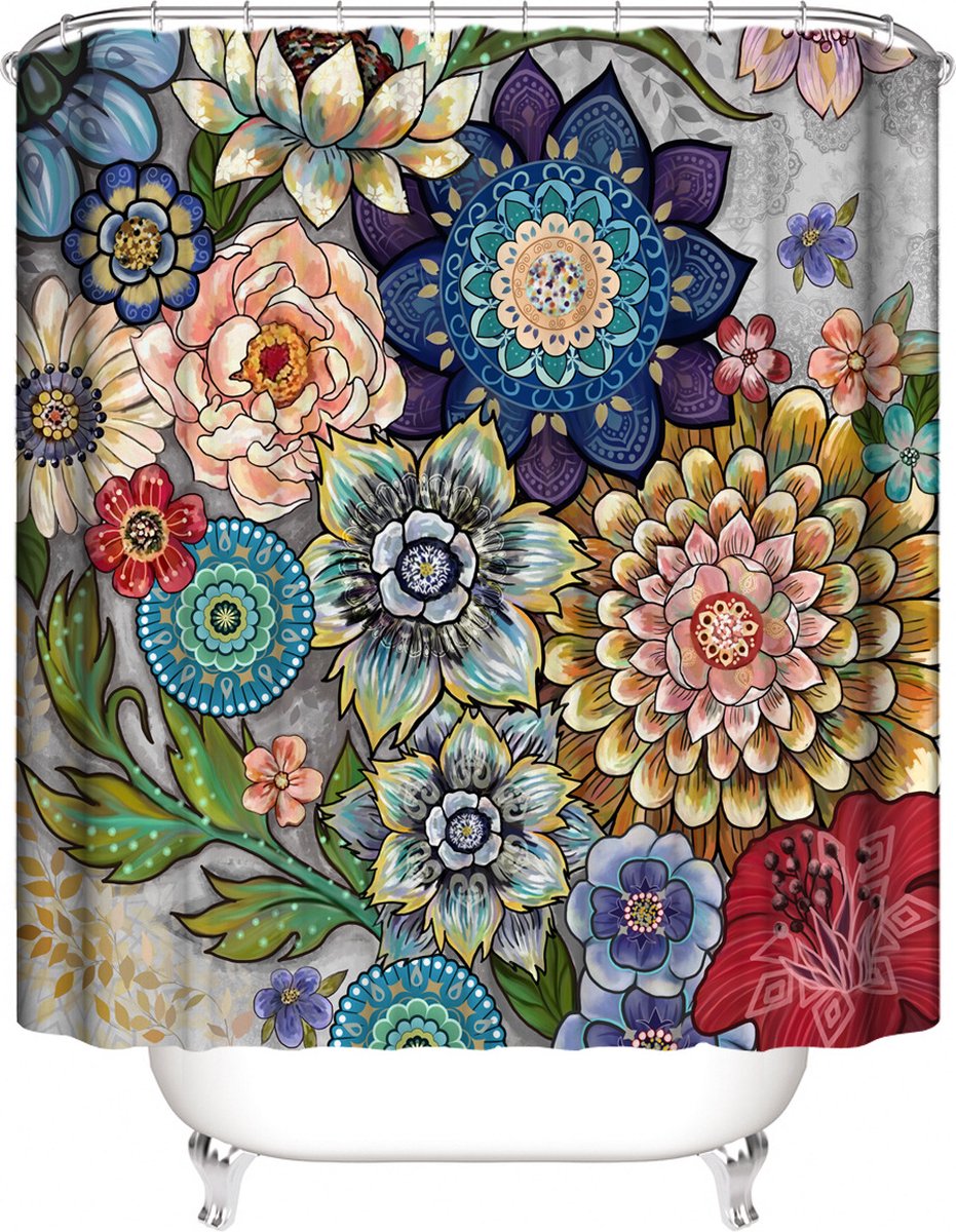 Floraweg Douchegordijn,Shower Curtain,badgordijn,badkamergordijn, Bloemen, bladeren en planten , digitale printen -Anti Schimmel - Inclusief 12 ringen – Waterdicht -Wasbaar- Polyester - 180x200 cm
