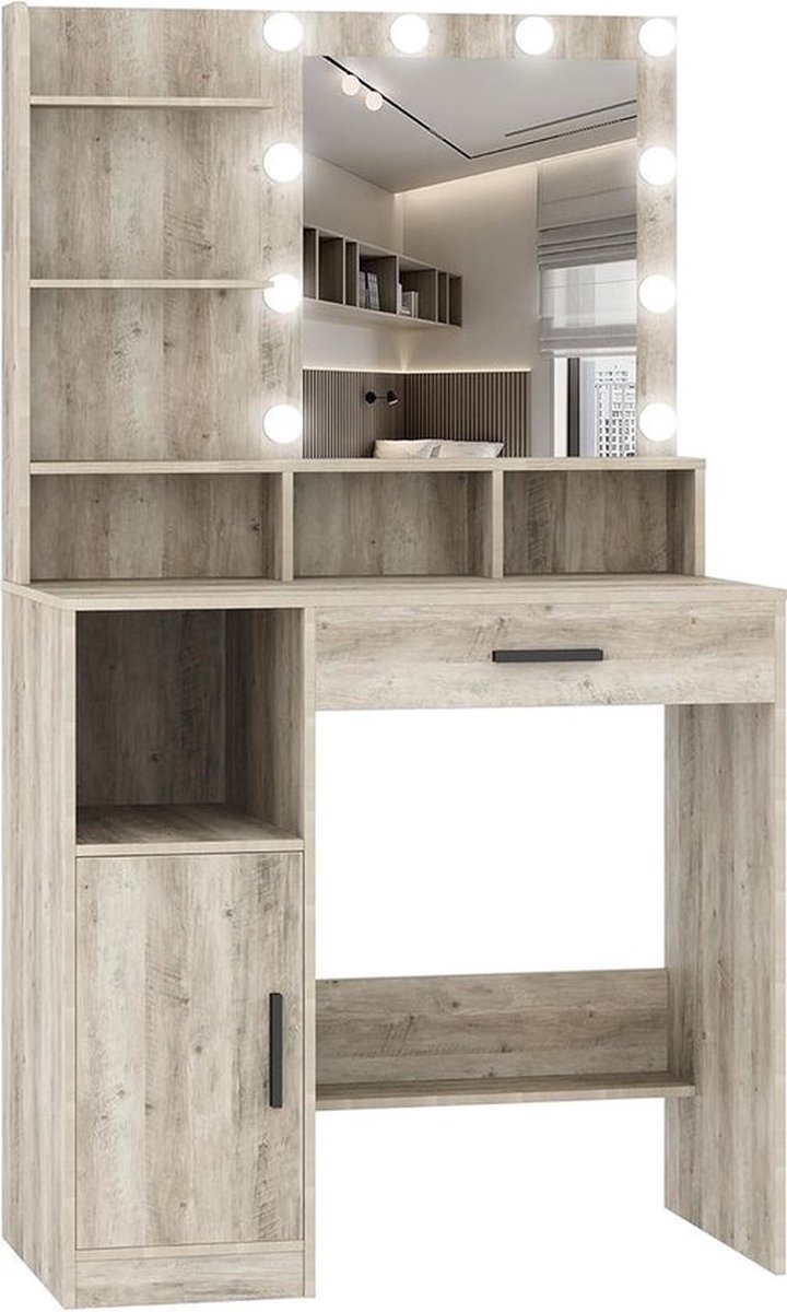Multifunctionele Kaptafel – Met Spiegel en Verlichting – Make Up Tafel – Extra Opslag – Kind – Stijlvol Design – Grijs