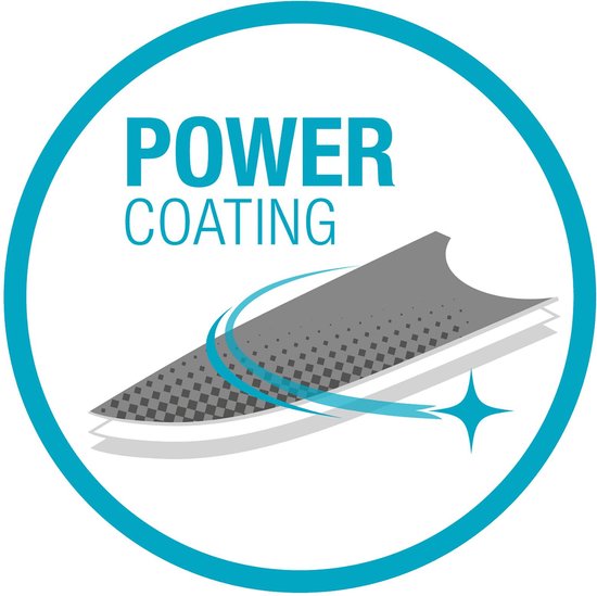 Logo 'POWER COATING' met een afbeelding van een mes met een gestippeld patroon.