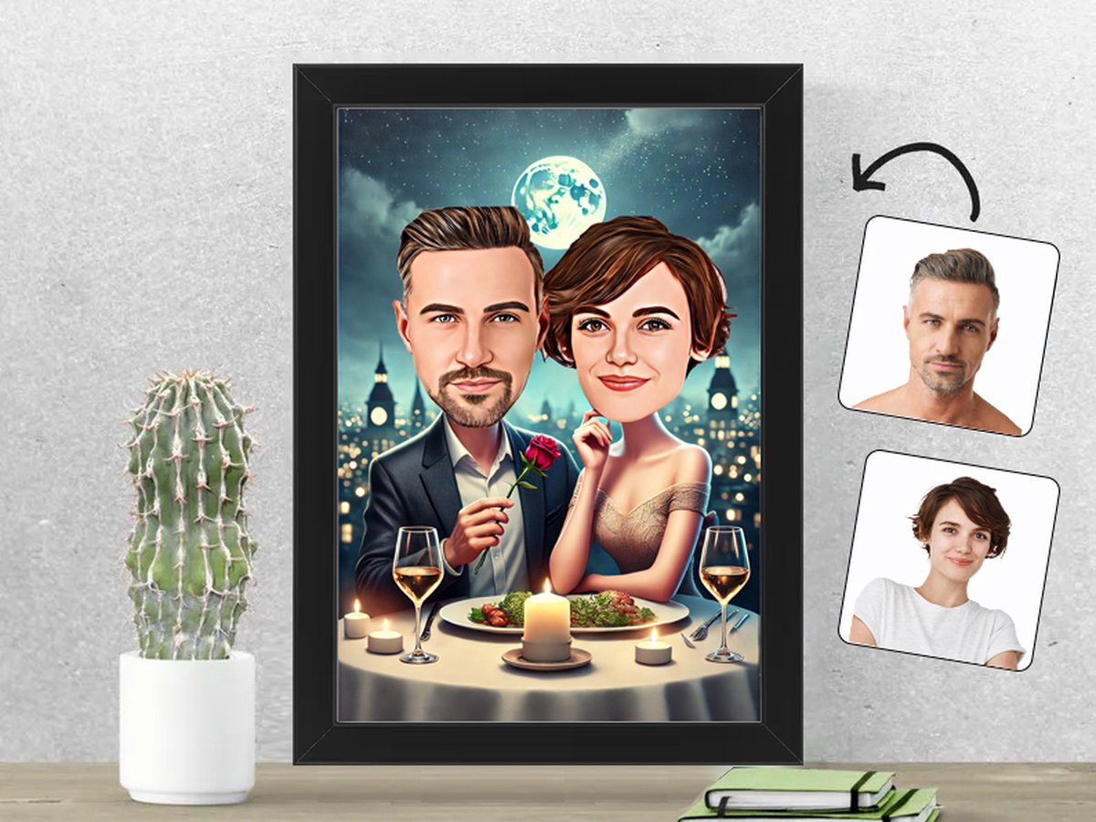 Romantisch Diner met Uitzicht op de Stad - Gepersonaliseerde Karikatuur Fotolijst 21x30 cm - Gepersonaliseerd Cadeau - Met Jouw Foto - Verjaardag - Kerst - Valentijn - Uniek en Handgemaakt - Cadeau - Huwelijk - Moederdag - Vaderdag - Jubileum -