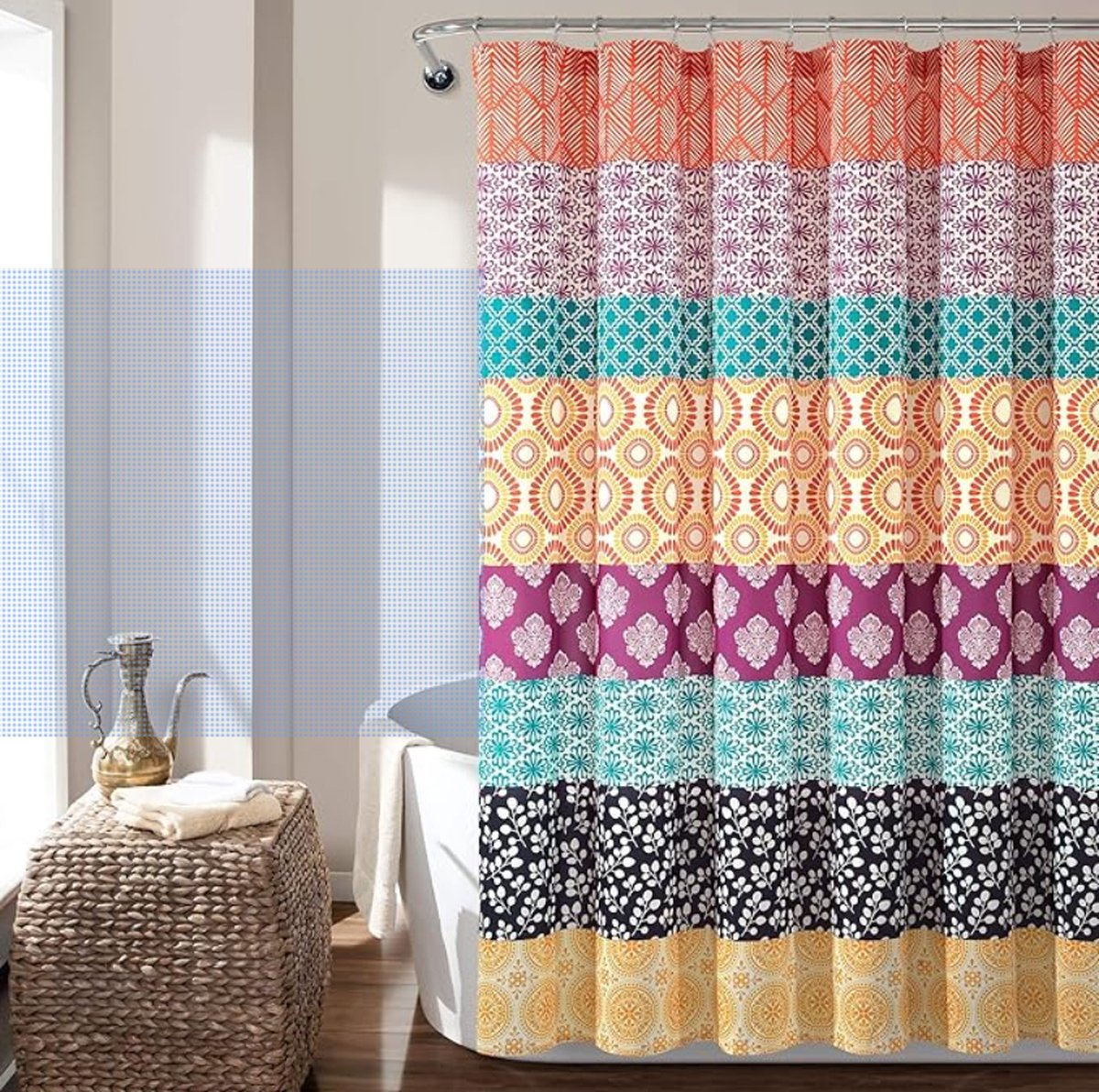 Floraweg Douchegordijn,Shower Curtain,badgordijn,badkamergordijn,Boheemse Streep Turquoise & Oranje - Betoverend en Stoutmoedig Kleurrijk, digitale printen -Anti Schimmel - Inclusief 12 ringen – Waterdicht -Wasbaar- Polyester - 180x200 cm