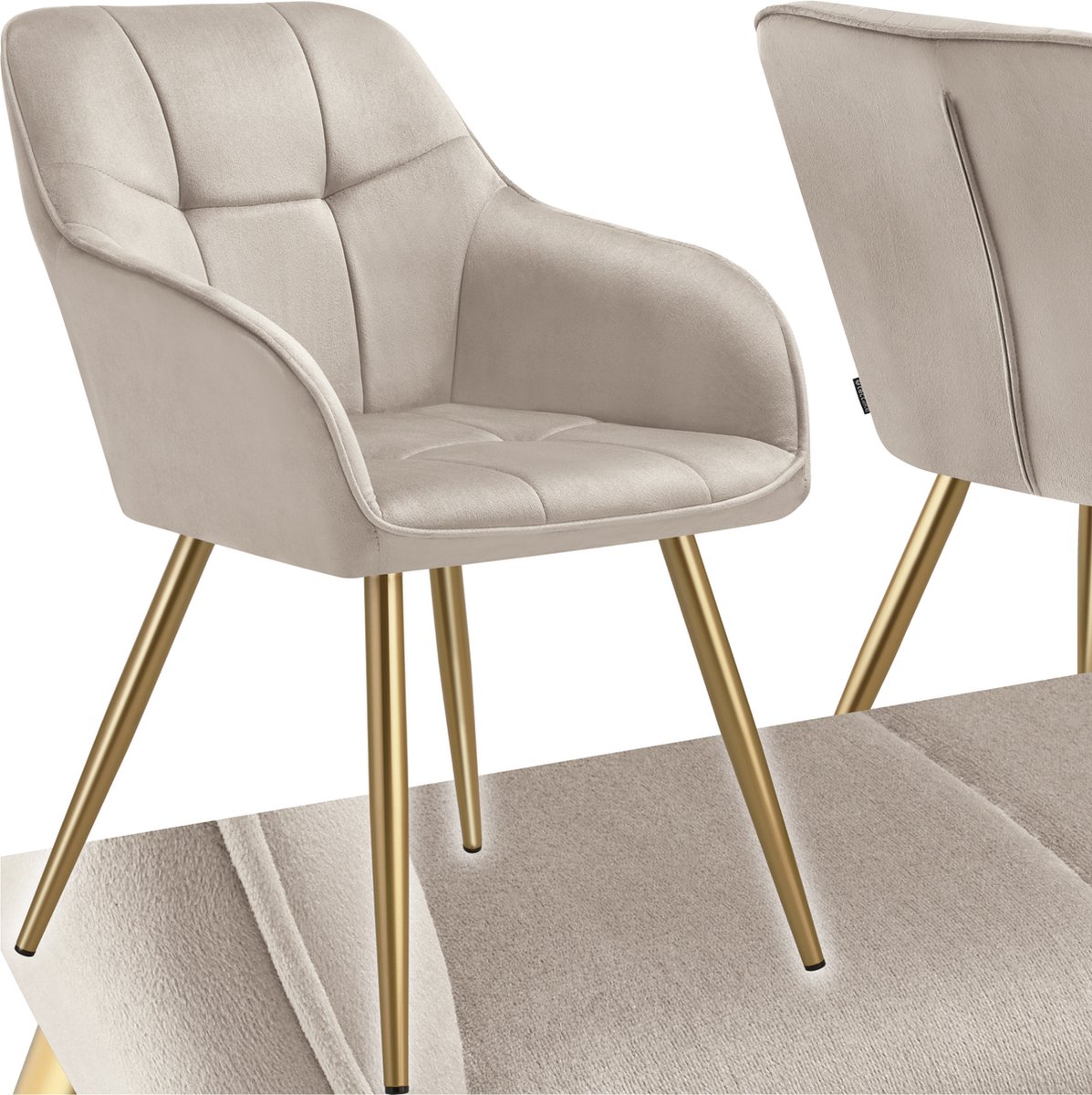 Tectake Eetkamerstoel Marilyn - Gestoffeerde Stoel in Fluweellook - Gecaptioneerd - Zwarte Stoelpoten - Ergonomische Keukenstoel - Met Doorlopende Rugleuning en Armleuningen - Stoel voor Woonkamer, Eetkamer, Slaapkamer - Taupe