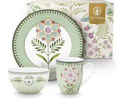 Pip Studio-set van 3-Lily & Lotus Light Green-ontbijtset- porselein-kadoverpakking-cadeau