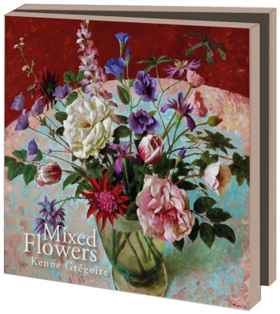 Grote afbeelding van een boeket gemengde bloemen in een vaas, met o.a. rozen en dahlia's, door Kenne Grégoire.